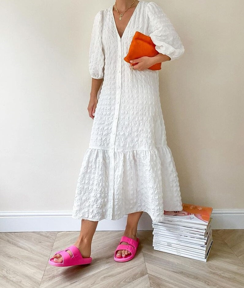 Maxmila Chiffon Kleid | Weiß Elegantes Chiffon Boho Kleid für Frauen mit V-Ausschnitt
