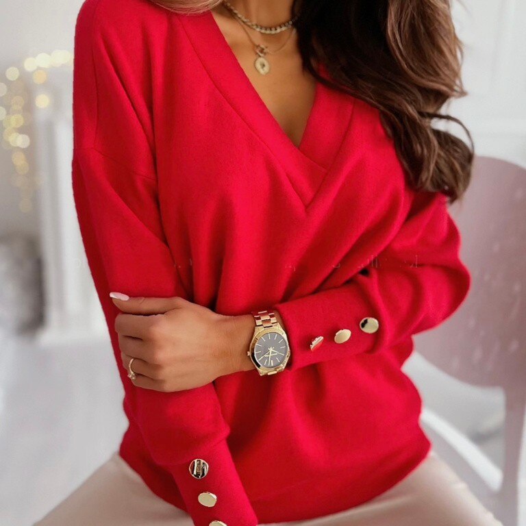 Max Mala Pullover | Eleganter Damen-Pullover mit V-Ausschnitt und goldenen Knöpfen